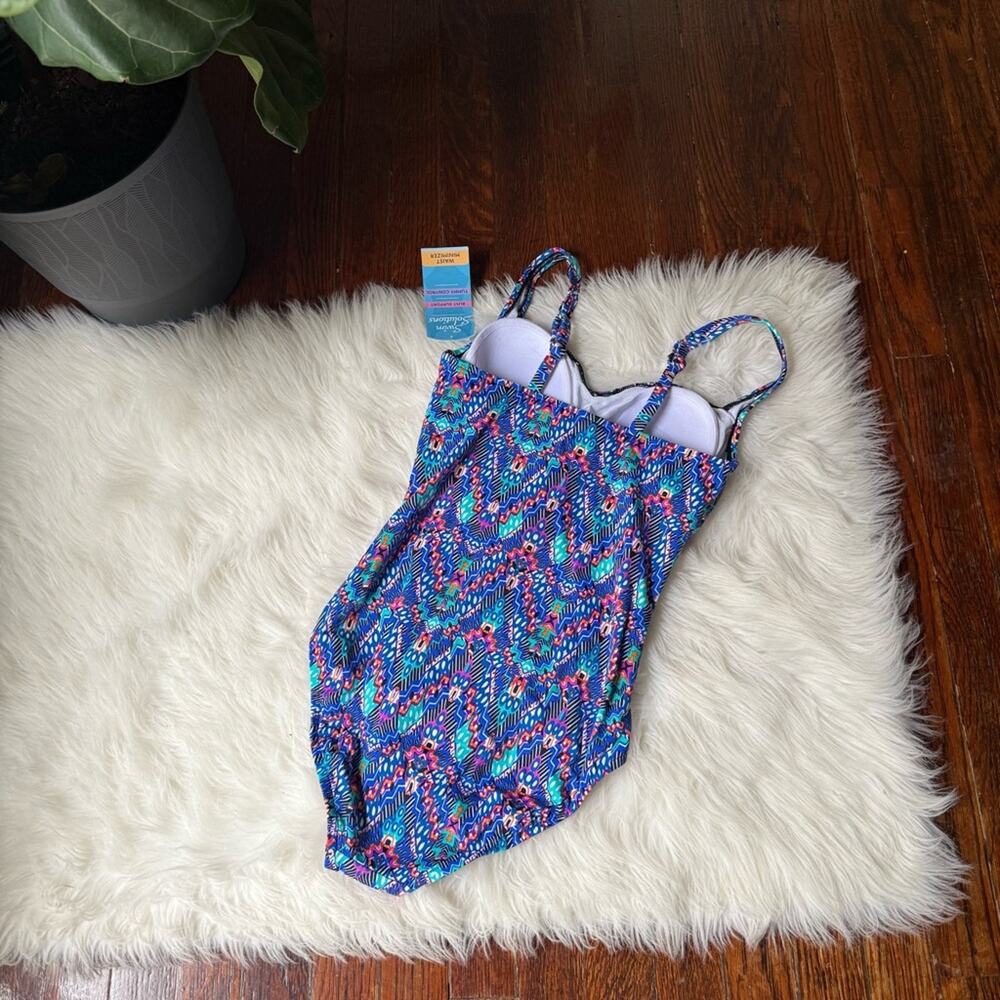 Swim Solutions One Piece Swimsuit Blue Orange Purple Print Size 8 NWT - Picture 4 of 6